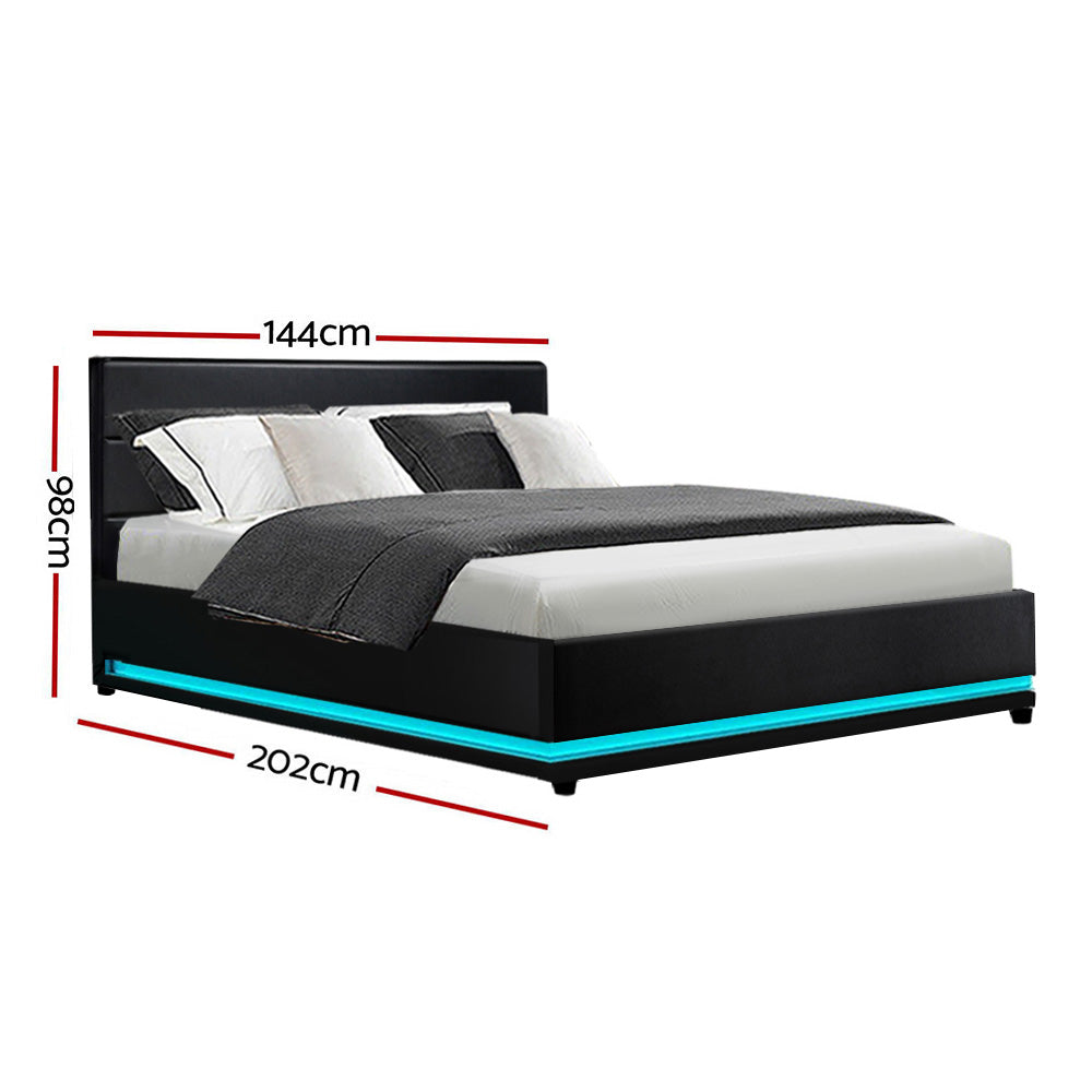 Artiss Bed Frame Double Size LED Gas Lift Black LUMI