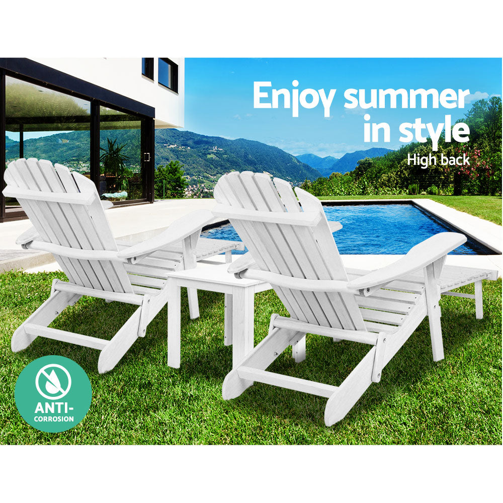 Gardeon 3PC Adirondack Outdoor Table and Chairs Wooden Sun Lounge Beach Patio White