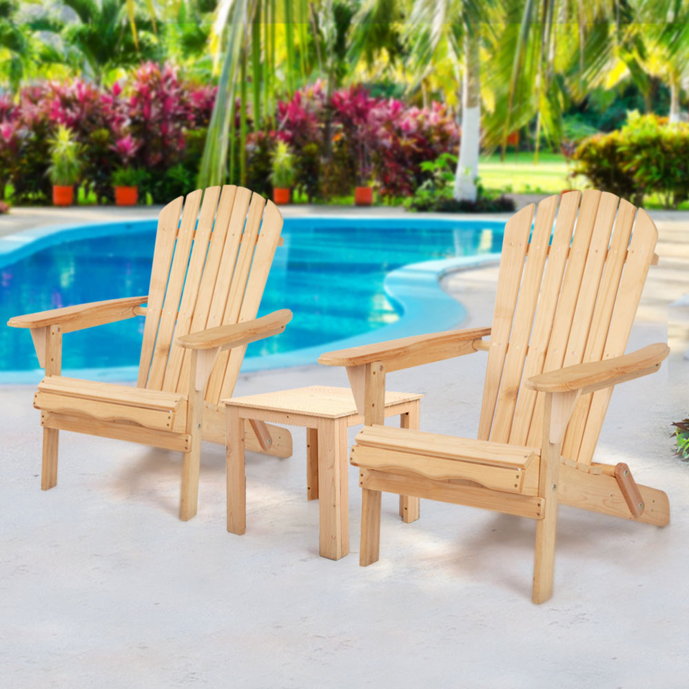 Gardeon 3PC Adirondack Outdoor Table and Chairs Wooden Foldable Beach Chair Natural