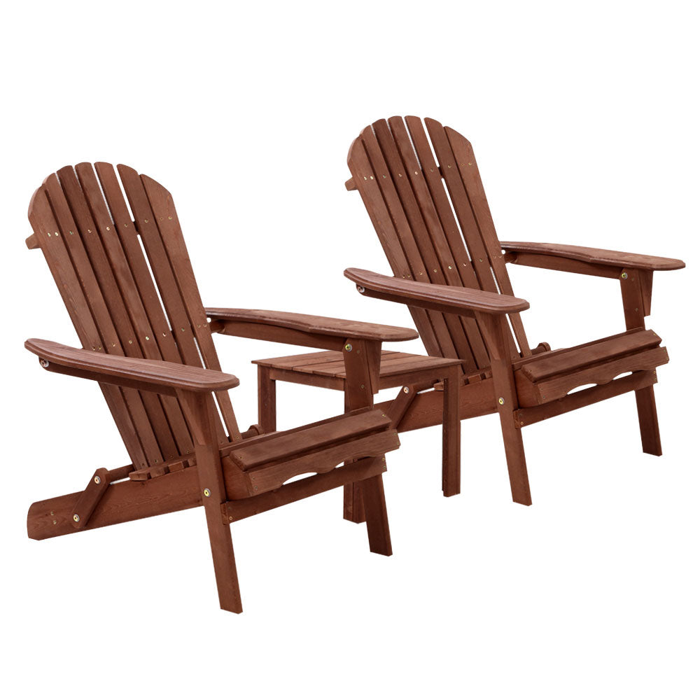 Gardeon 3PC Adirondack Outdoor Table and Chairs Wooden Foldable Beach Chair Brown