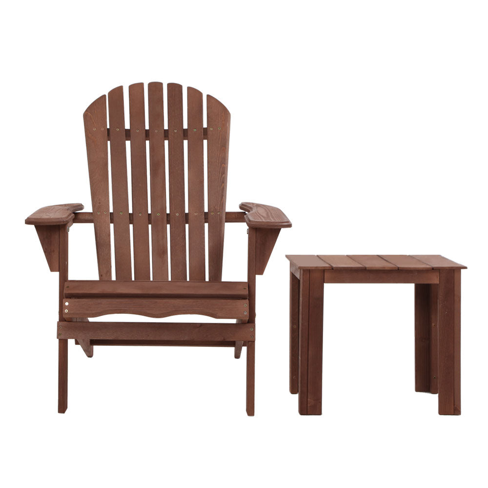 Gardeon 3PC Adirondack Outdoor Table and Chairs Wooden Foldable Beach Chair Brown