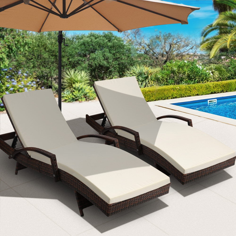 Gardeon 2PC Sun Lounge Wicker Lounger Outdoor Furniture Beach Chair Patio Adjustable Cushion Brown