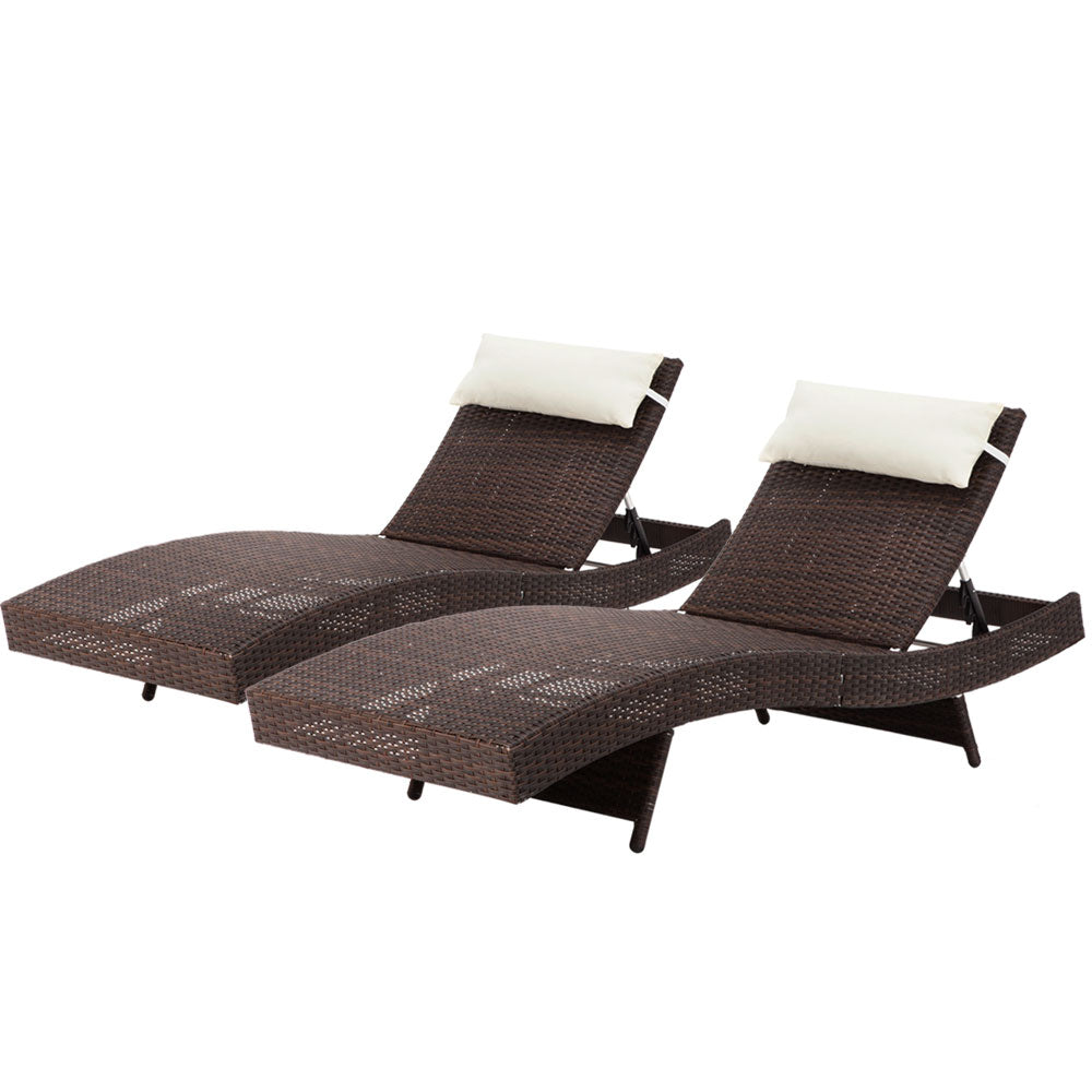 Gardeon 2PC Sun Lounge Wicker Lounger Outdoor Furniture Beach Chair Garden Adjustable Brown