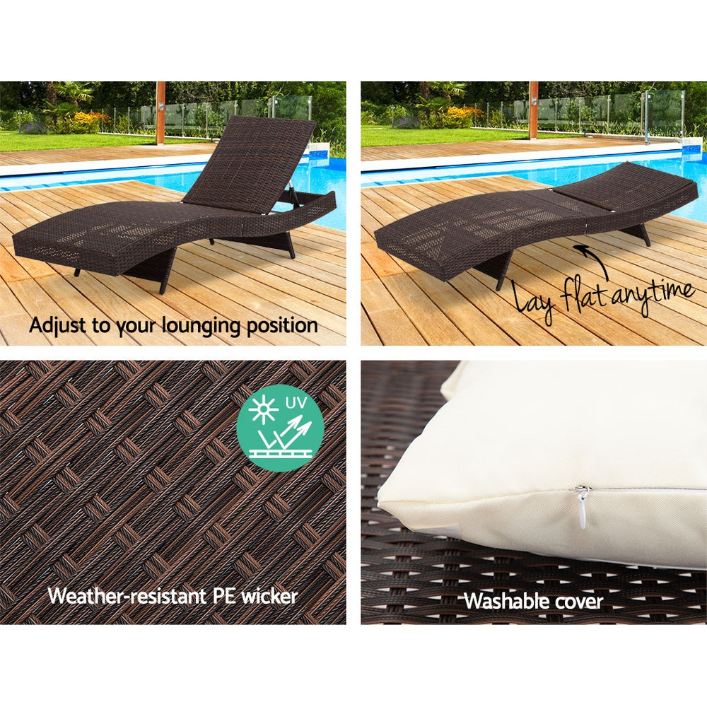 Gardeon 2PC Sun Lounge Wicker Lounger Outdoor Furniture Beach Chair Garden Adjustable Brown