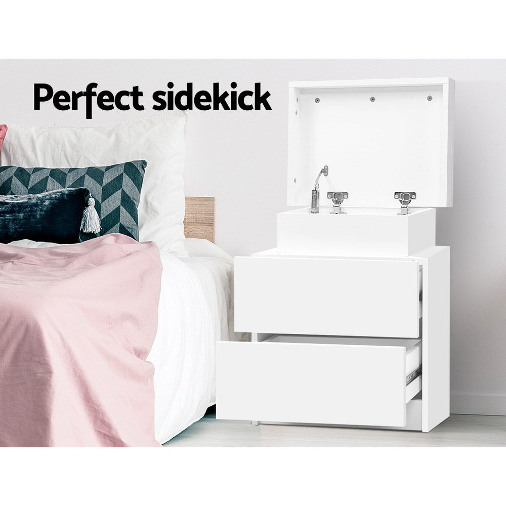 Artiss Bedside Table 2 Drawers Lift-up Storage - COLEY White