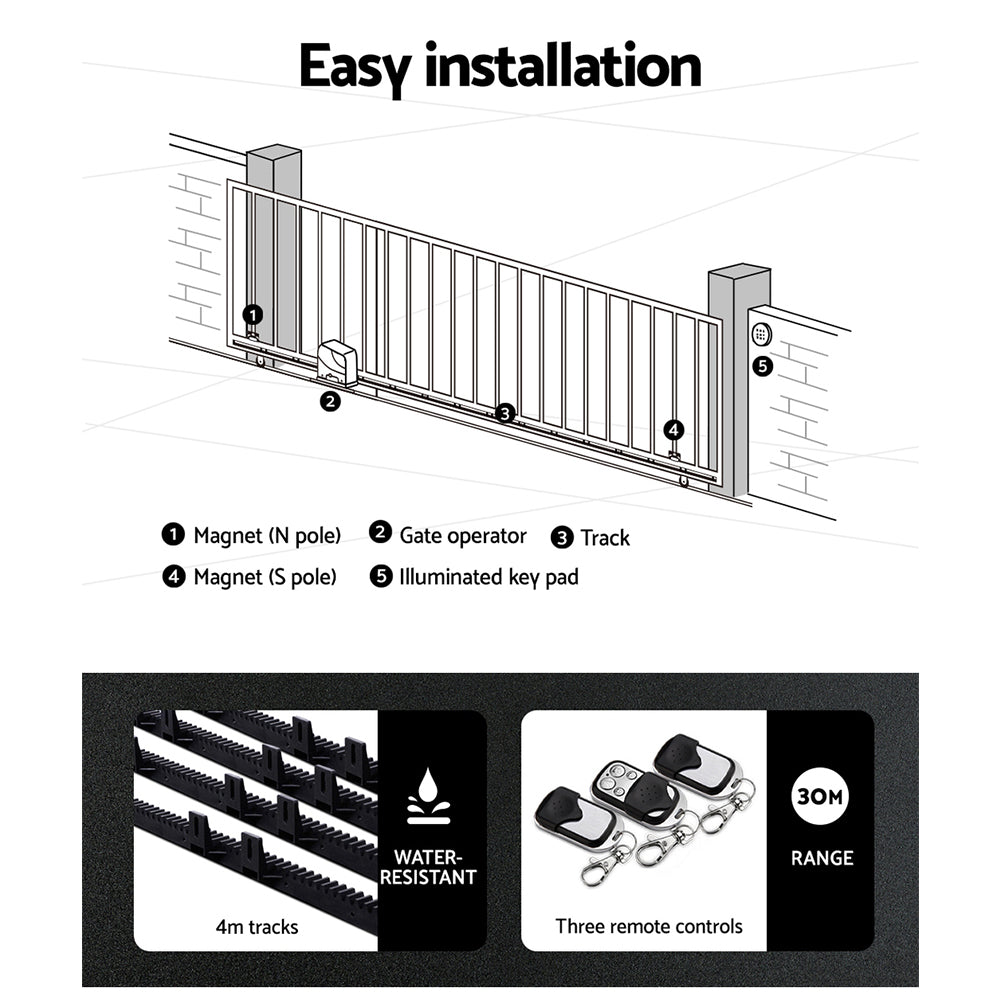 Lockmaster Automatic Sliding Gate Opener Kit 10W Solar Panel Electric 4M 600KG