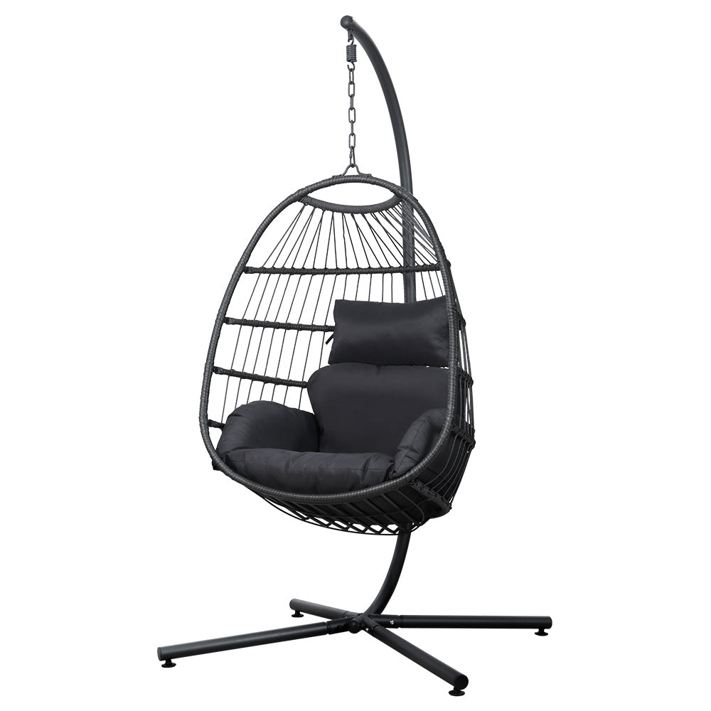 Gardeon Outdoor Egg Swing Chair Wicker Rattan Furniture Pod Stand Cushion Black