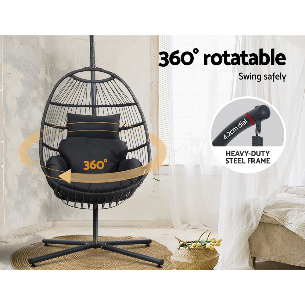 Gardeon Outdoor Egg Swing Chair Wicker Rattan Furniture Pod Stand Cushion Black