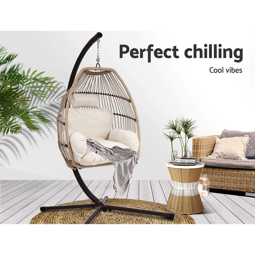 Gardeon Outdoor Egg Swing Chair Wicker Rope Furniture Pod Stand Cushion Latte