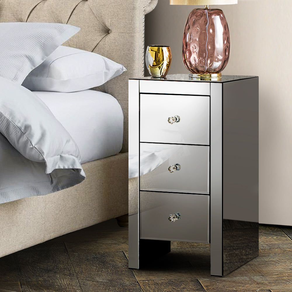 Artiss Bedside Table 3 Drawers Mirrored Glass - QUENN Grey