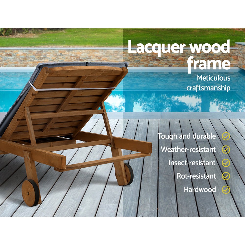 Gardeon Sun Lounge Wooden Lounger Outdoor Furniture Day Bed Wheels Patio Grey