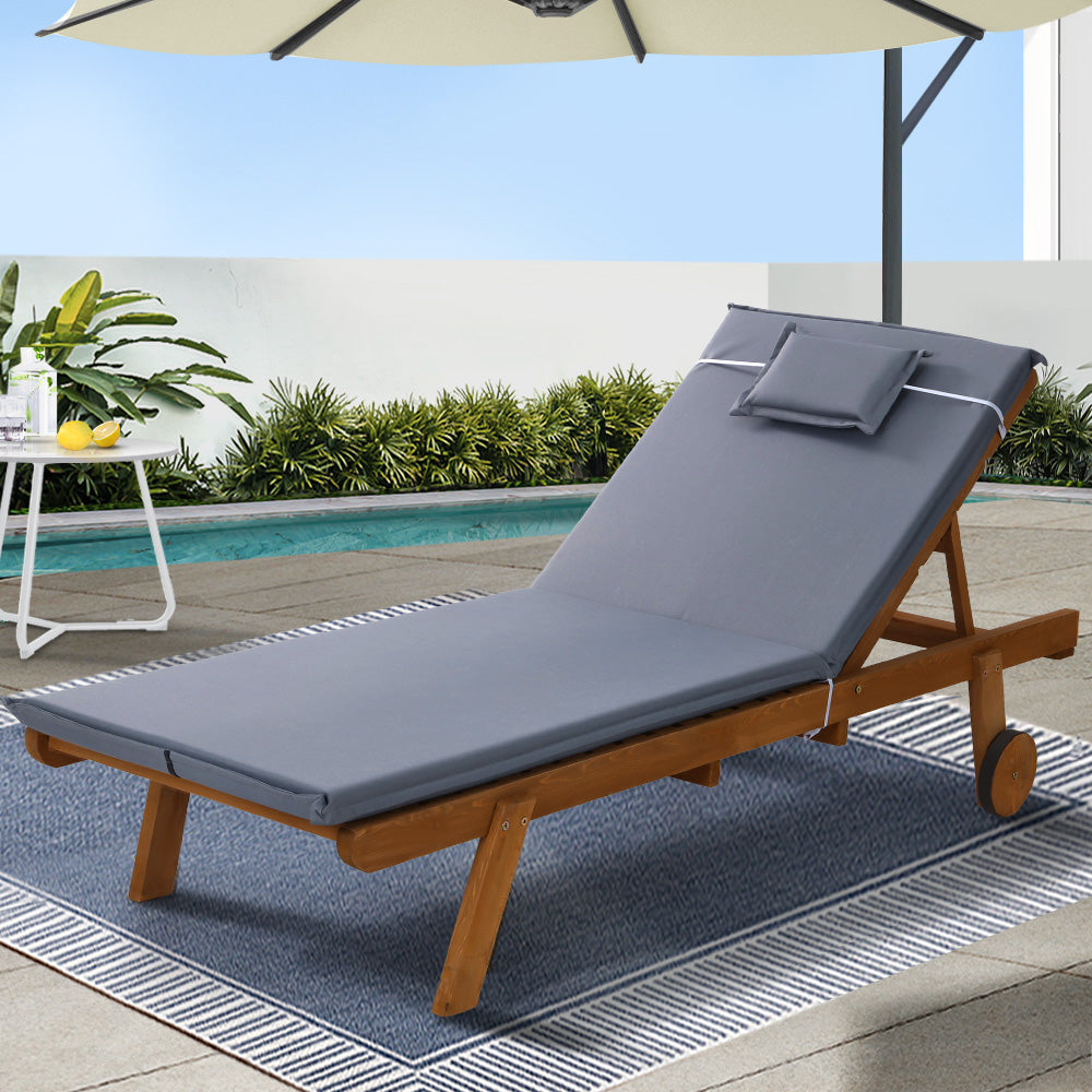 Gardeon Sun Lounge Wooden Lounger Outdoor Furniture Day Bed Wheels Patio Grey