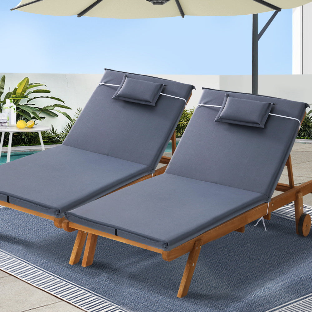 Gardeon 2x Sun Lounge Wooden Lounger Outdoor Furniture Day Bed Wheel Patio Grey