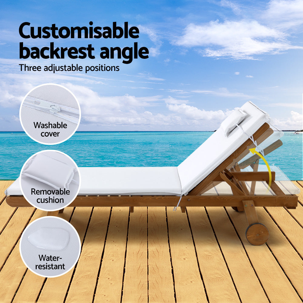 Gardeon Sun Lounge Wooden Lounger Outdoor Furniture Day Bed Wheels Patio White