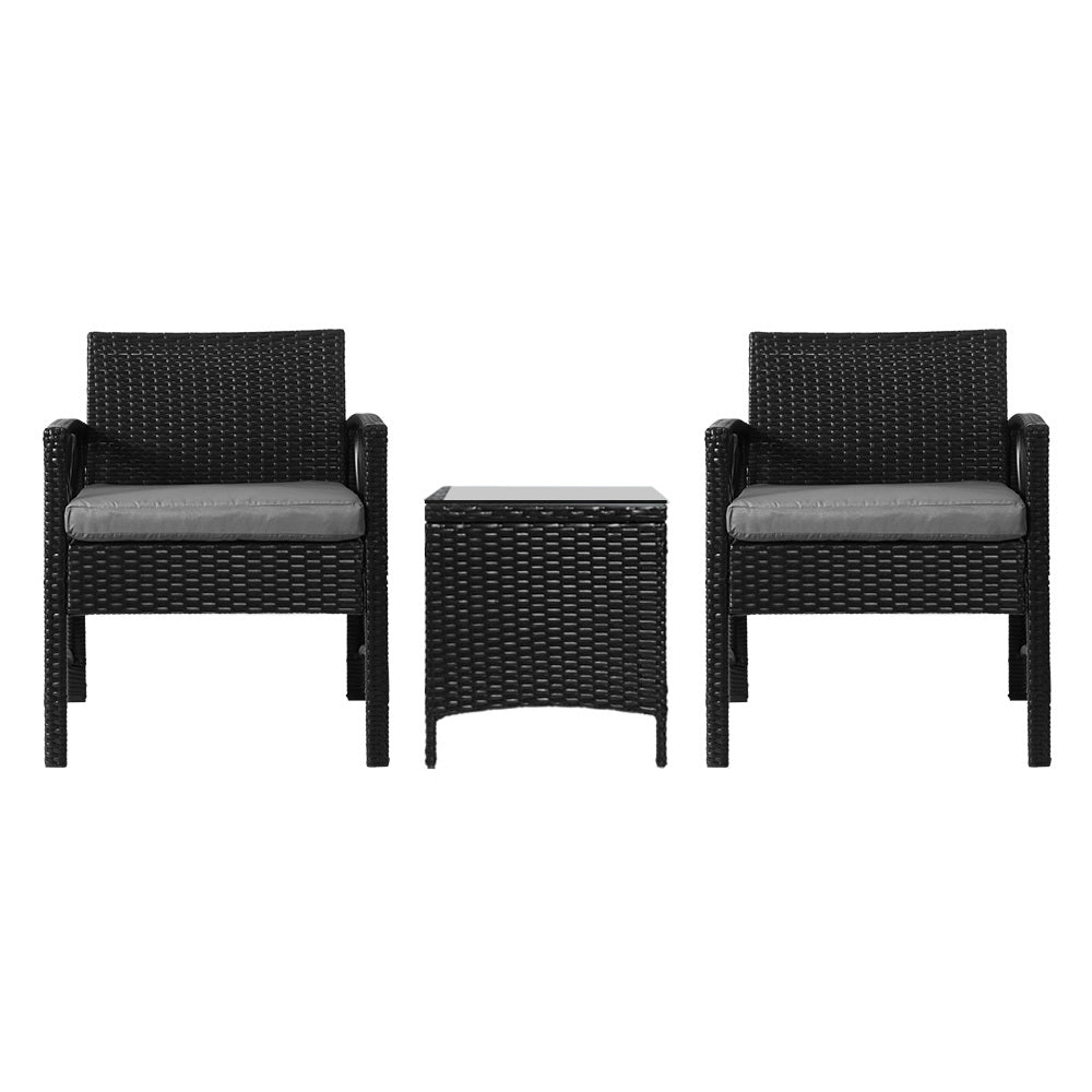 Gardeon 3PC Outdoor Bistro Set Patio Furniture Wicker Dining Chairs Table Cushion Black