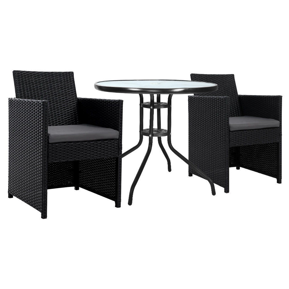 Gardeon 3PC Bistro Set Outdoor Furniture Rattan Table Chairs Cushion Patio Garden Hugo