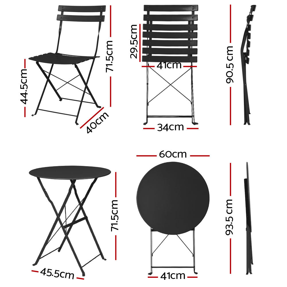 Gardeon 3PC Outdoor Bistro Set Steel Table and Chairs Patio Furniture Black