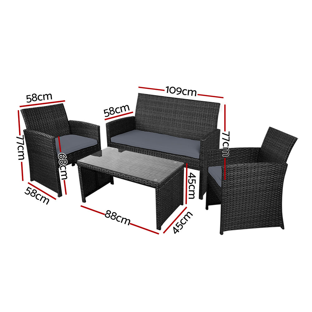 Gardeon 4 PCS Outdoor Sofa Set with Storage Cover Rattan Chair Furniture Black