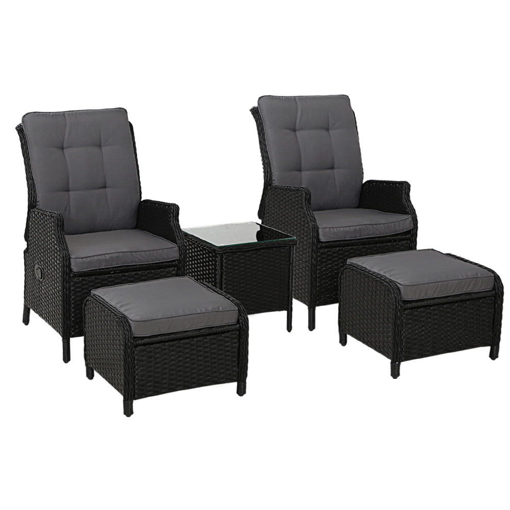 Gardeon 5PC Recliner Chairs Table Sun lounge Wicker Outdoor Furniture Adjustable Black