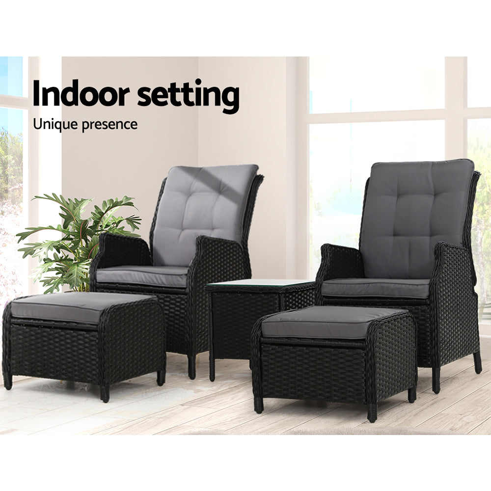 Gardeon 5PC Recliner Chairs Table Sun lounge Wicker Outdoor Furniture Adjustable Black