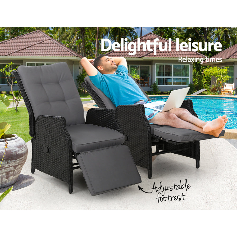 Gardeon 2PC Recliner Chairs Sun lounge Wicker Lounger Outdoor Furniture Adjustable Black