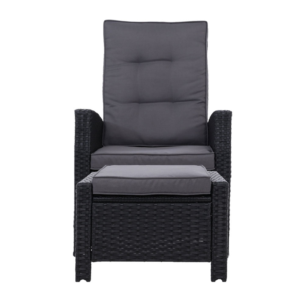 Gardeon 2PC Recliner Chairs Sun lounge Wicker Lounger Outdoor Furniture Adjustable Black