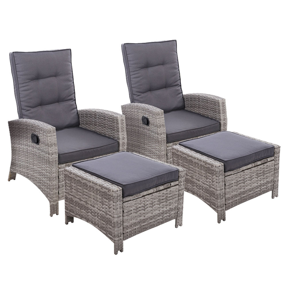 Gardeon 2PC Recliner Chairs Sun lounge Wicker Lounger Outdoor Furniture Adjustable Grey