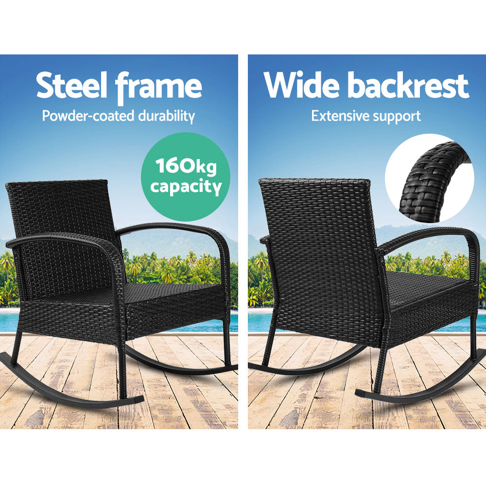 Gardeon 3PC Rocking Chair Table Wicker Outdoor Furniture Patio Bistro Set Black