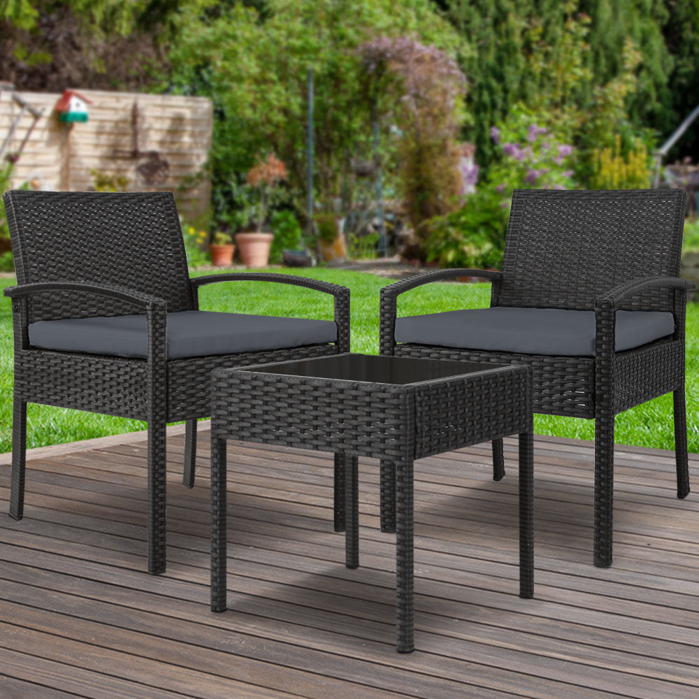 Gardeon 3PC Patio Furniture Bistro Set Wicker Outdoor Lounge Setting Black