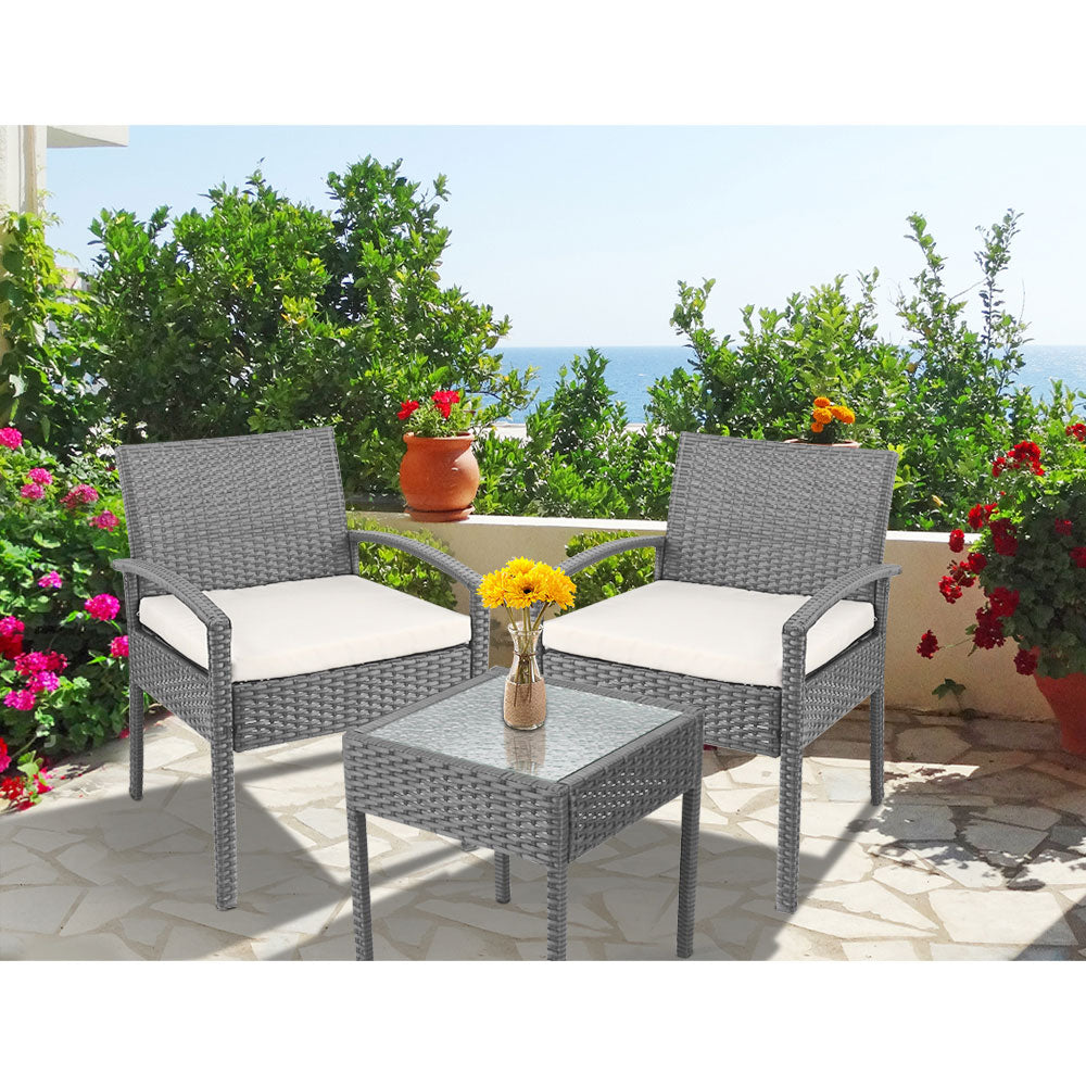 Gardeon 3PC Patio Furniture Bistro Set Wicker Outdoor Lounge Setting Grey