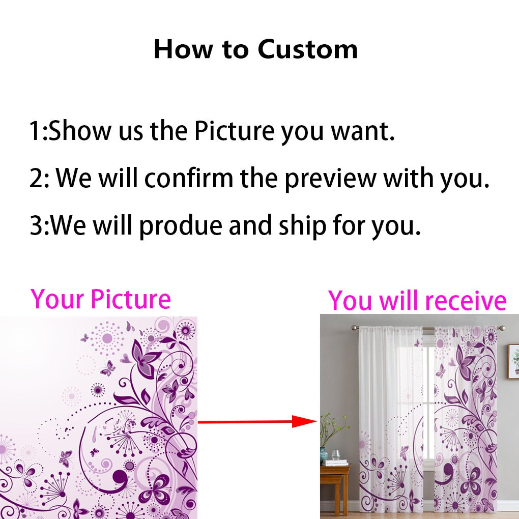 Custom Sheer Voile Printed Tulle Curtains x 1