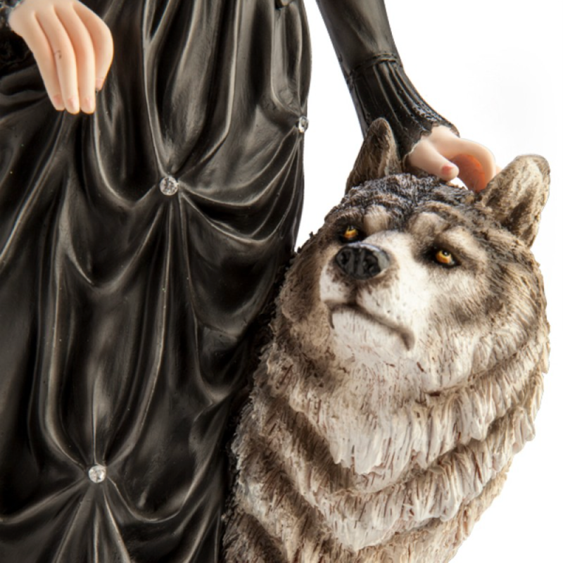 Large Black Fairy Princess with White Wolf Figurine