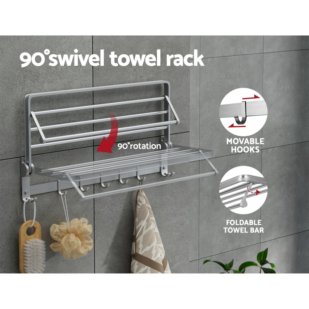 Towel Rail Rack Holder 4 Bars Wall Mounted Aluminium Foldable Hanging Hook