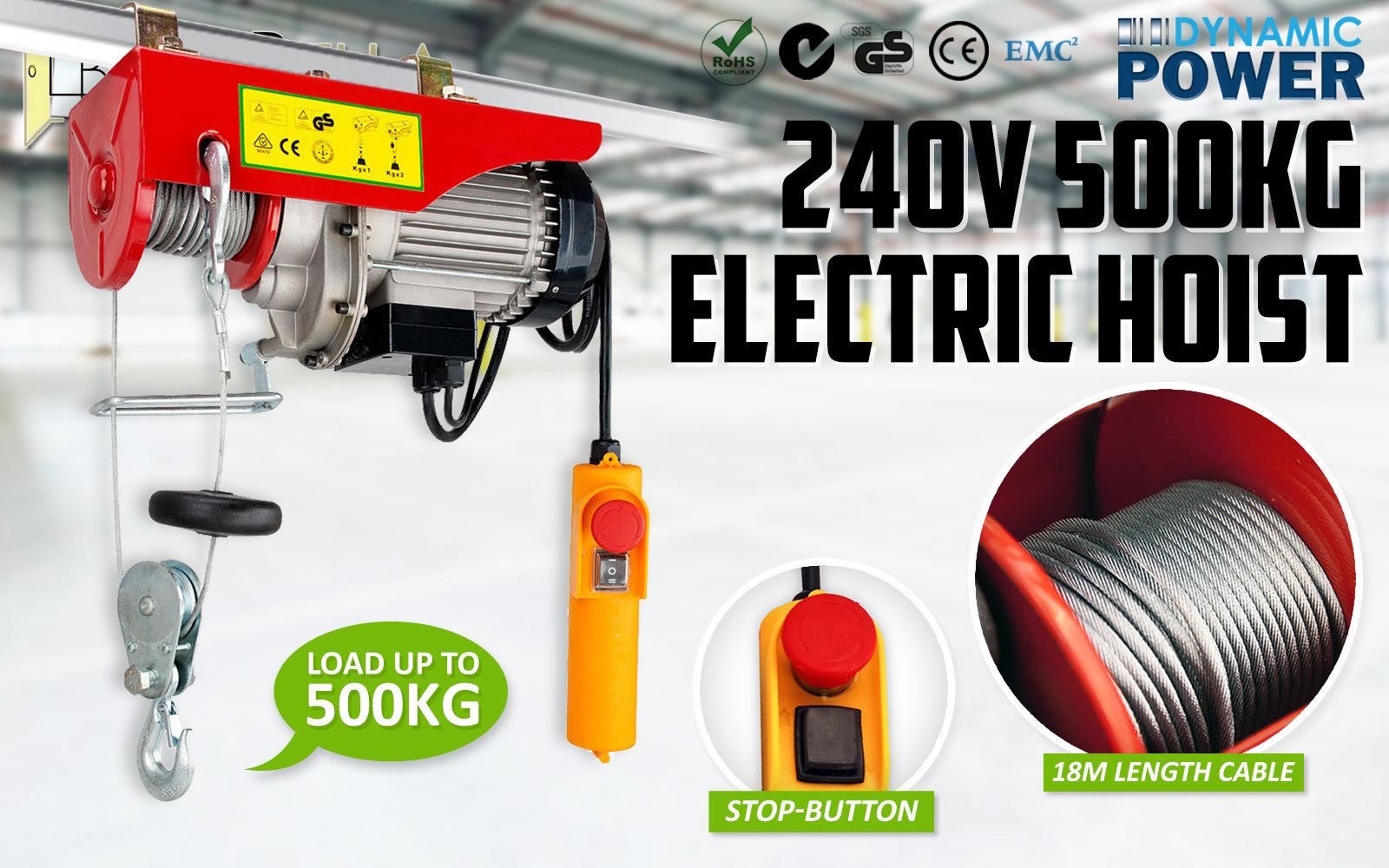 Electric Hoist Remote Chain Lift 240V 1020w 250/500KG