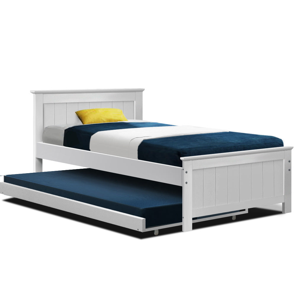 Artiss Bed Frame King Single Size Wooden Trundle Daybed White ELVIS