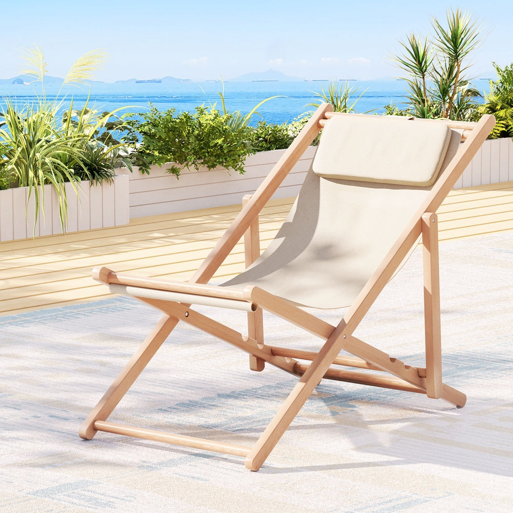 Gardeon Outdoor Deck Chair Wooden Sun Lounge Folding Beach Patio Furniture Beige